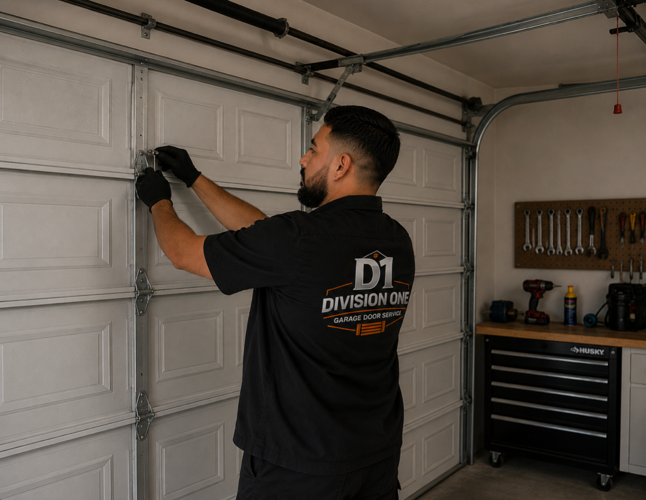 Technician servicing the upper section of a residential garage door
